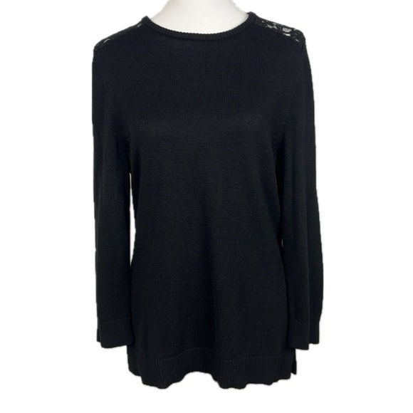 Lauren Ralph Lauren Black Lace Panel Slim Sweater Sz M Romantic Preppy Heritage - Picture 1 of 14